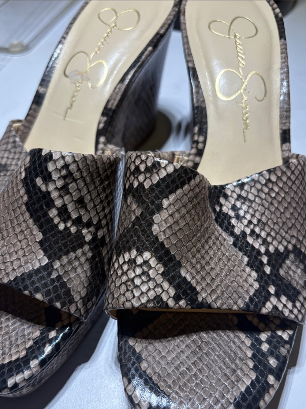 Jessica Simpson Taupe and Black Snake-Print Slide Mules y2k style